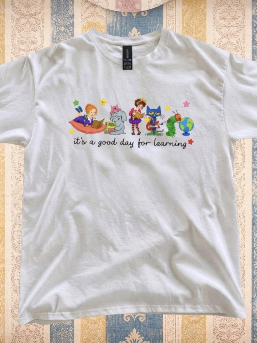 Gildan White Cartoon Graphic Tee with Multicolor School Characters